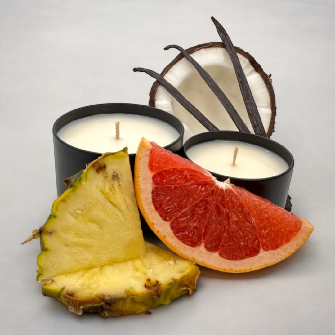 Hand poured soy candles with pineapple, grapefruit, coconut, and vanilla for eco-friendly homemade summer scent collection