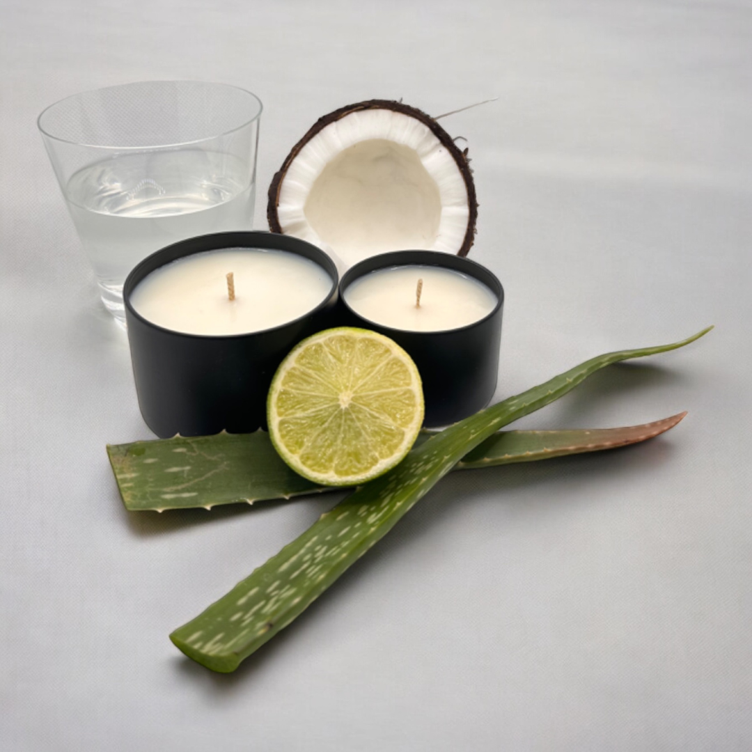 Hand-poured soy candles with aloe vera, coconut, and citrus for an eco-friendly, homemade summer scent.