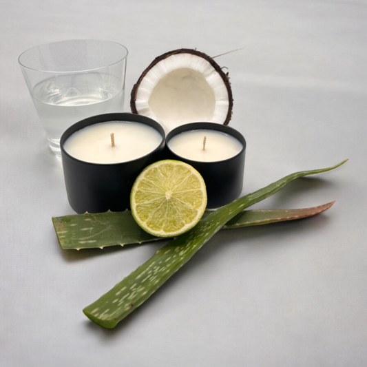 Hand-poured soy candles with aloe vera, coconut, and citrus for an eco-friendly, homemade summer scent.