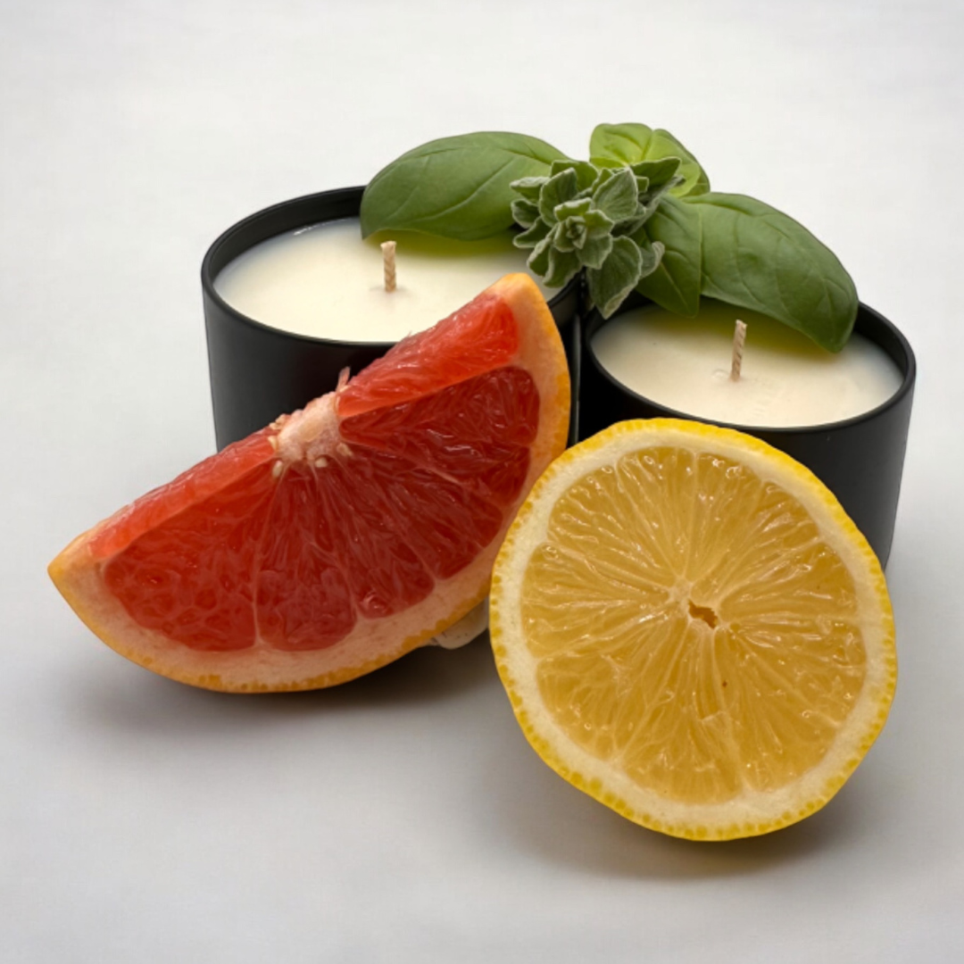 Hand poured soy candles with fresh grapefruit and lemon, creating an eco-friendly, homemade Mediterranean ambiance.