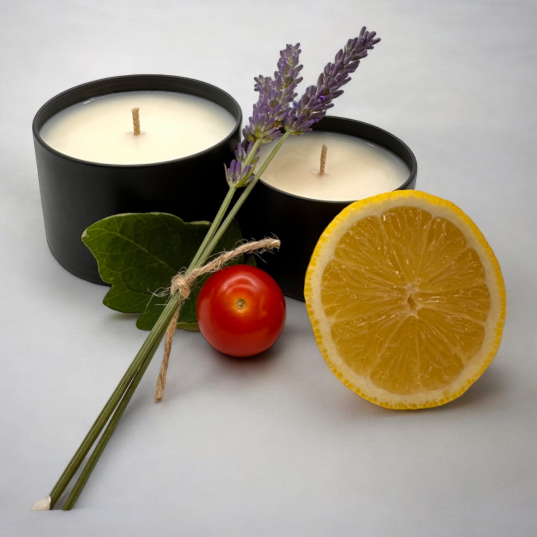 Handmade soy wax candles with lavender, lemon, tomato, and leaves from Summer Garden Collection. Eco-friendly, hand-poured, aromatherapy candles.