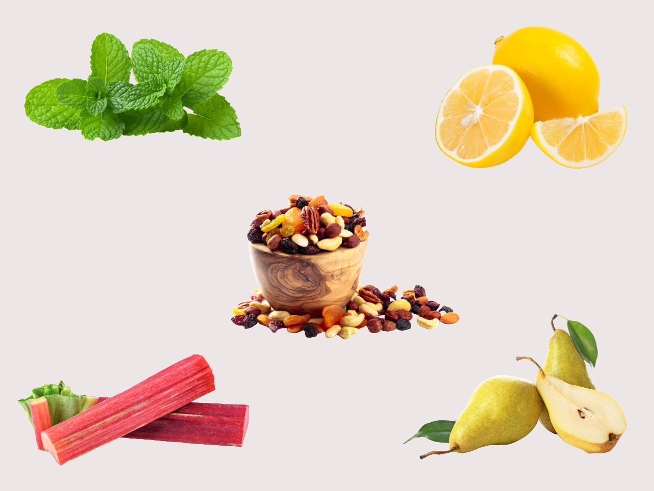 Fresh mint leaves, sliced lemons, mixed dried fruits in a wooden bowl, rhubarb stems, and whole and sliced pears on a light background.