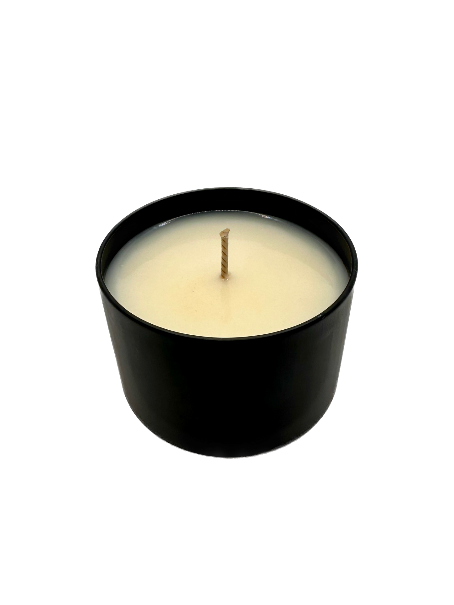 a hand poured candle that smell like nashi pear and vanilla in a black tin 