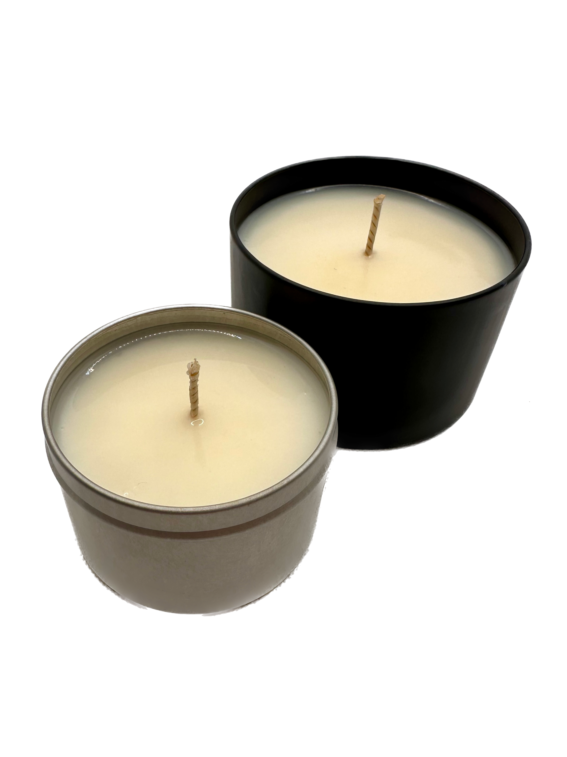 Two Barb n’ Mint hand poured soy candles in black and cream tins from the Spring24 Collection. Eco-friendly and homemade.