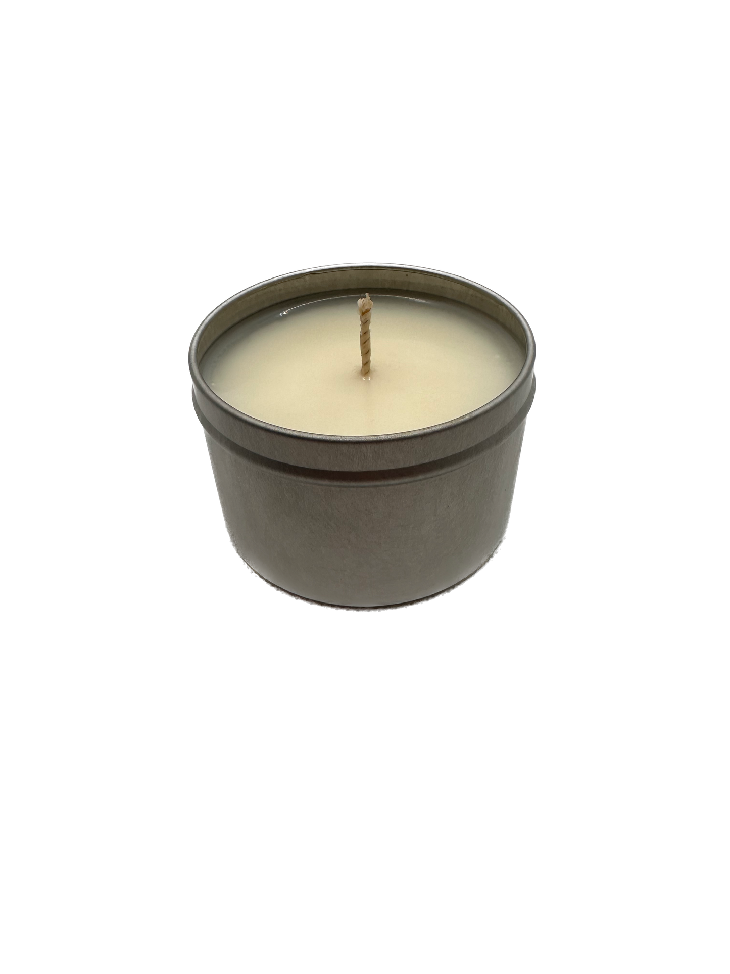 a hand poured candle that smell like nashi pear and vanilla in a silver tin 